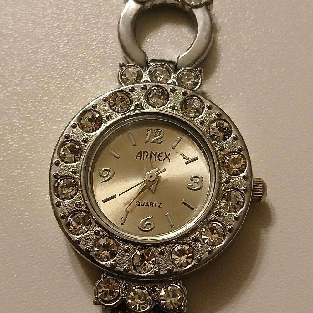 Vtg Arnex Lucien Piccard Rhinestone Silver Tone Stainless Steel Quartz Watch